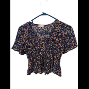 SO Floral Peplum Crop Top-Navy Blue multicolor Flower V-Neck Blouse -Size XS